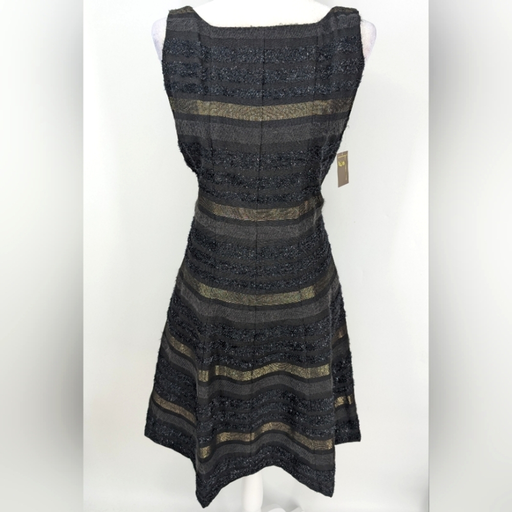 Melonie T Black Tweed Gold Stripe Sleeveless A-Line Cocktail Dress 10 NWT